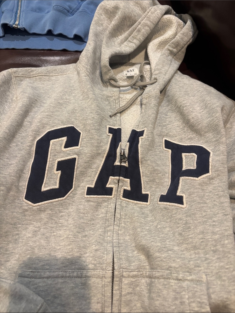 GAP Light Gray Zip Hoodie with Navy Lettering